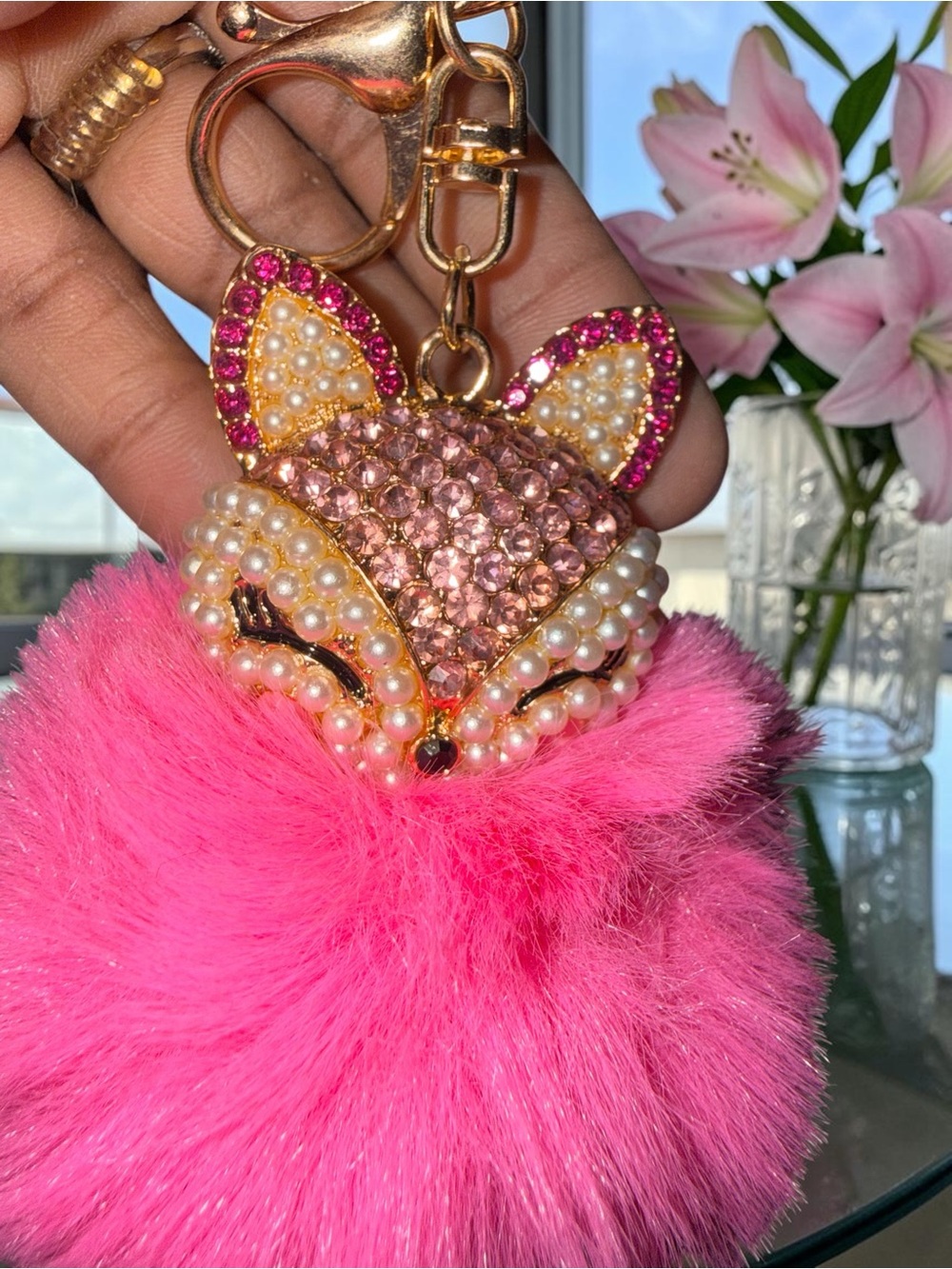 One (1) Sparkling Sleeping Fox Pom Keychain Pink, Lavender, or Hot Pink - Picture 4 of 5